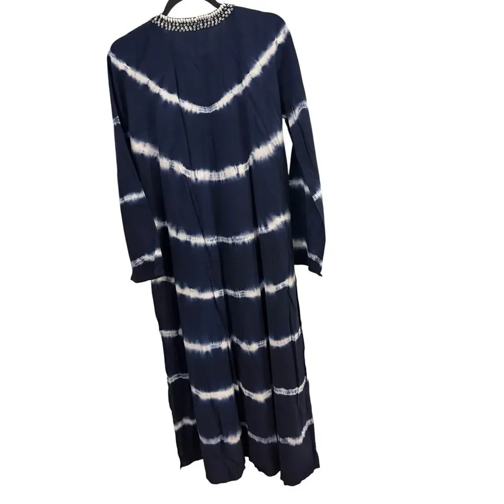 Soft Surroundings Blue Tie Dye Maxi Dress Swim Cover Up PM Beaded Boho Cotton